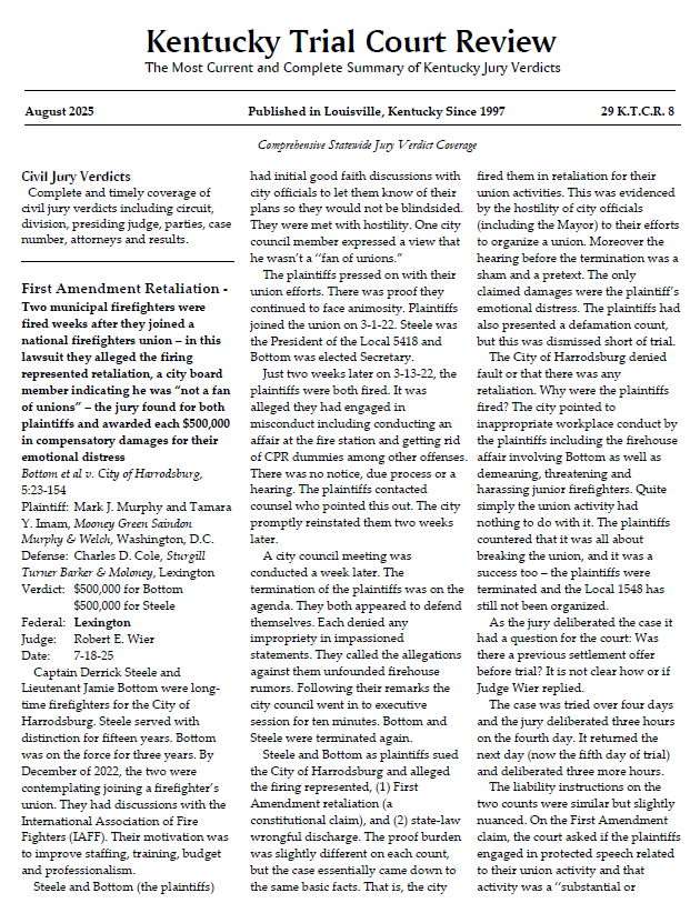 Jury Verdict Reporter The Kentucky Trial Court Review Comprehensive